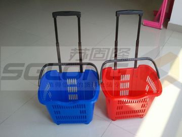 Supermarket Plastic Shopping Basket With Wheels , Castor Rolling Shopping Basket